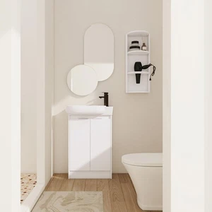 23" Sperrholz freistehend Badezimmer Waschtisch Keramik Waschbecken + Ablageregal weiß - Bild 1 von 24