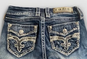 Rock Revival Mid Rise Bootcut Jeans Size 25 Thick Stitch Western Bling Pockets - Picture 1 of 12