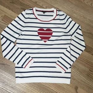 Talbots ~M~ White/Navy Striped Heart  Crew Sweater~Cotton Blend Lightweight - Picture 1 of 6