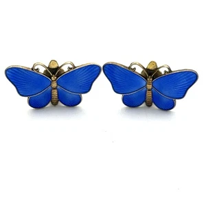 Norway 925 Ivar T Holth Sterling Silver Blue Enamel Butterfly Clip Earrings Vtg - Picture 1 of 11