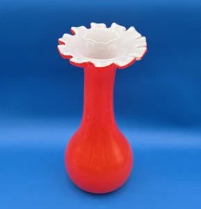 Vibrant Orange Flower Shaped Tilted Vase With White Cased Glass Interior 10.5” - Picture 1 of 8