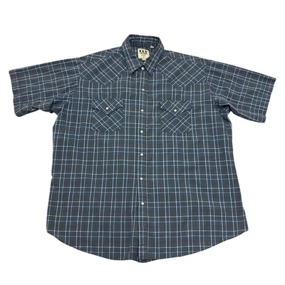 Ely Cattleman Western Shirt Pearl Snap Plaid Blue Mens XL Short Sleeve Cowboy - Image 1 of 4