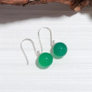 Natural Green Onyx Earrings 925 Sterling Silver Handmade Round Jewelry - Picture 1 of 12
