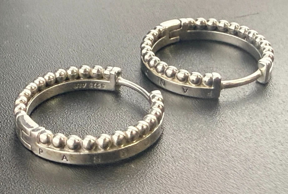 Pandora Signature Logo & Beaded Hoop Earrings Used - Image 1 of 2