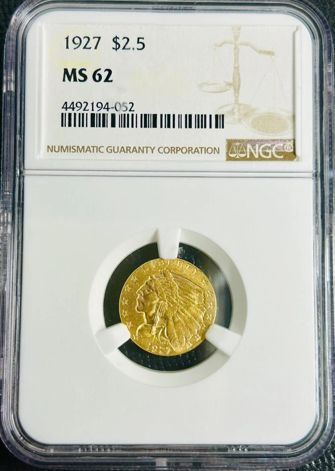 1927 P $2.5 Quarter Eagle Indian Head Gold Coin MS-62 NGC Graded - Image 1 of 4