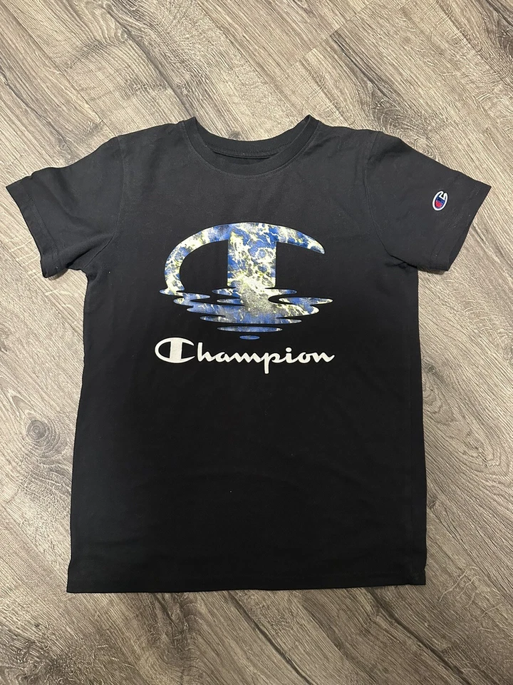 Camisa Champion Juvenil Mediana Azul Amarillo Blanco Grande C Logo Manga Corta Niños Niños Foto 1 de 3