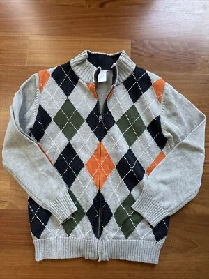 Gymboree Boys Size 7-8 Gray Navy Orange Zip Up Cardigan Argyle Sweater EUC - Image 1 of 4