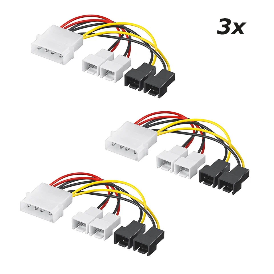 3x Lüfter Adapter PC Strom Lüfterkabel 4 Pin auf 4x Molex 3 Pin 2x 5V + 2x 12V - Bild 1 von 1