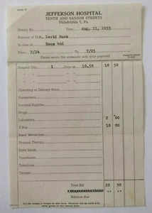 1953 Jefferson Hospital Statement Bill Philadelphia, PA - Picture 1 of 1