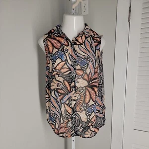 H&M Button Up Collared Shirt ~ Sz 12 ~ Black & Orange ~ Sleeveless - Picture 1 of 3