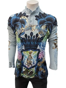 Christian Audigier Men's Long Sleeve Henley T- Shirts Blue - Picture 1 of 5