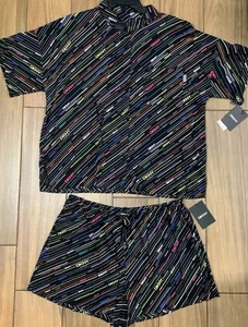 DKNY Sleep Set Women's Size M Short Sleeves Top Matching Shorts Black/Multicolor - Picture 1 of 9