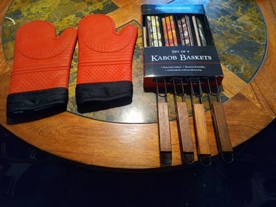 BBQ EQUIPMENT Charcoal Companion kabob baskets And Red Grilling Gloves - Image 1 of 4