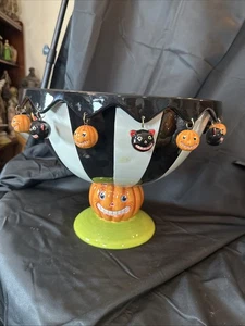 DEPT 56 Glitterville Punch Bowl HALLOWEEN Orange Pumpkins & Black Scaredy Cats - Picture 1 of 14