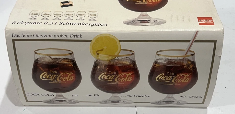 Vintage Coca-Cola Caixa Conjunto de 6 Copos de Conhaque Alemão com Acabamento Dourado - Imagem 1 de 4