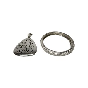 Silver Tone Pendant And Bracelet Tear Drop Pendant, CZ Stone Hinged Bracelet Set - Picture 1 of 9