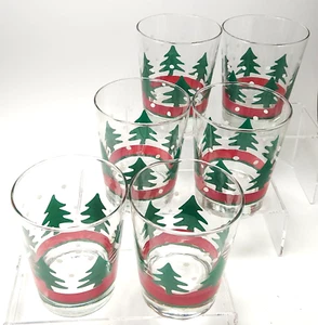 Libbey Christmas Double Old Fashioned Glasses 12oz  Set of 6 Green Tree Red Band - Picture 1 of 20