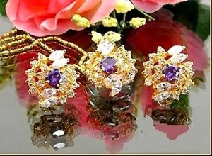 COLLAR Y PENDIENTES ROSA DEL AMOR ORO AMARILLO 18KT PIEDRAS AMATISTAS Y CIRCONIO - Imagen 1 de 1