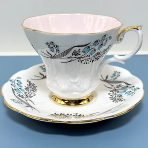 Royal Albert Bone China Tea Cup & Saucer Embossed Blue Floral White w/ Gold Trim - Picture 1 of 7
