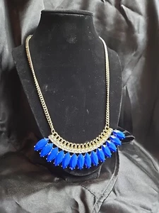 21" VTG BLUE CHUNKY Necklace Gold tone CLEAR RHINESTONE round link adj chain - Picture 1 of 7