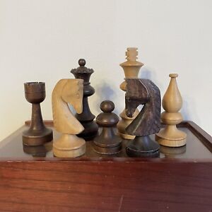 Vintage Soviet Weighted Wood 3.7” King Chess Set Pieces Hand Carved Russia + Box