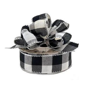 Black White Buffalo Plaid Ribbon - 1 1/2" x 10 Yards Wired Edge, Christmas - Picture 1 of 4