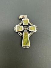 Sterling Silver 925 Connemara Green Marble Design Cross Pendant Charm