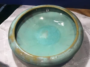 Fulper Pottery~ Art Deco~ Green &Tan~ Rolled Edge Bowl~ 11” Diameter~ Stamped - Picture 1 of 10