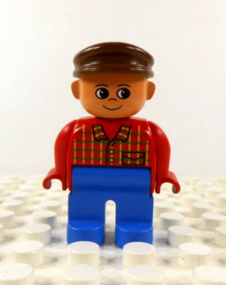 Lego Duplo Figure Man brown cap red plaid shirt blue pants vintage - Image 1 of 3