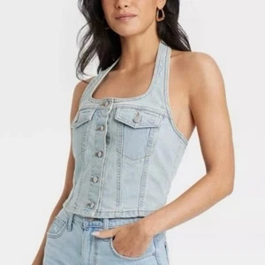 NEW UNIVERSAL THREAD Denim Halter Crop Top Button Down Size XL Light Blue Boho - Picture 1 of 6