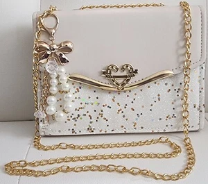 Sequin Crossbody/Shoulder Bag with Ribbon & Pearl Bag Charm-White - Bild 1 von 5