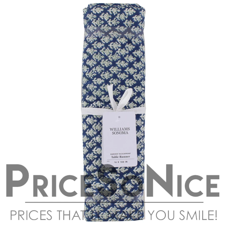 Williams Sonoma Harvest Blockprint Navy Blue Table Runner 16" x 108" MSRP $70 - Image 1 of 1