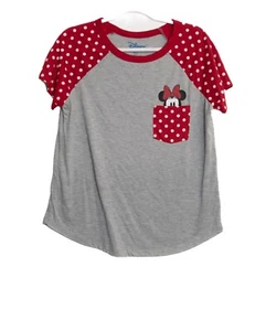 Disney Minnie Mouse Gray & Red Polka Dot Pocket T-Shirt Size XL Youth Casual Cot - Picture 1 of 8