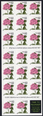 Scott #2492a Pink Rose Booklet of 20 Stamps - MNH P#S111 - Image 1 of 2