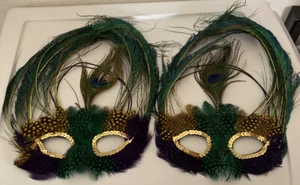 Two Venetian 12" Tall Ostrich Feather Mardi Gras Masquerade Party Eye Masks New  - Picture 1 of 8