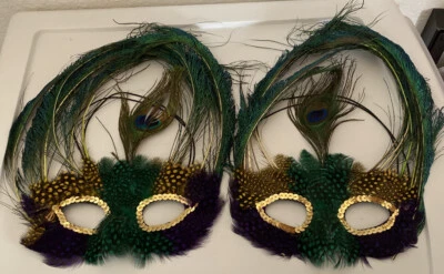 Two Venetian 12" Tall Ostrich Feather Mardi Gras Masquerade Party Eye Masks New  - Image 1 of 4