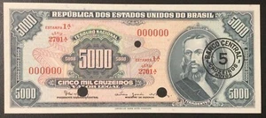 1966 BRAZIL PAPER MONEY - 5,000 CRUZEIROS SPECIMEN-PROOF UNCIRCULATED BANKNOTE! - Picture 1 of 2