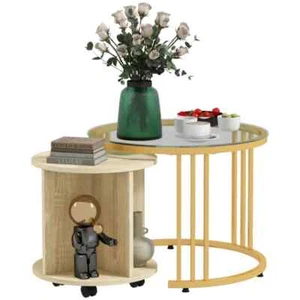 OFFERTA SET 2 TAVOLINI ROTONDI IMPILABILI CON RIPIANI E RUOTE ORO/ROVERE - Foto 1 di 9