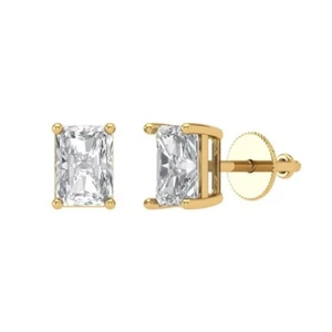 3Ct Emerald Cut Lab Grown/CVD Diamond 14K Yellow Gold Earrings Studs Screw Back - Picture 1 of 16