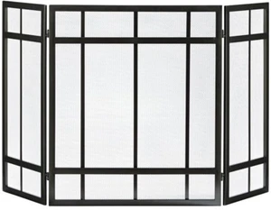 Fireplace Screen 3-Panel Black Mission Style Hearth Cover Metal Steel Wenge Fire - Picture 1 of 2