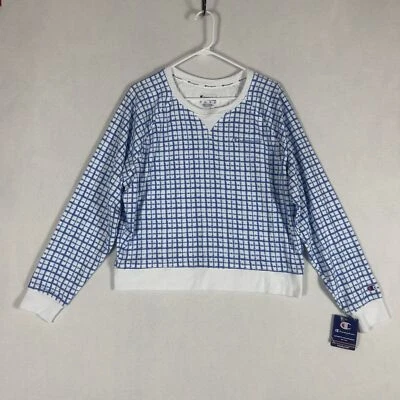 Champion NUEVO Para Mujer XL Campus French Terry Crop Sudadera con Capucha Mini Batik Azul A Cuadros Foto 1 de 4