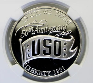 1991-S USO Anniversary $1 Silver Dollar NGC PF69 Ultra Cameo - Picture 1 of 4