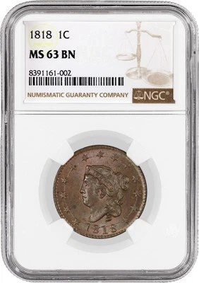 1818 1C Coronet Matron Head Large Cent N-10 Newcomb 10 NGC MS63 BN Coin - Image 1 of 4
