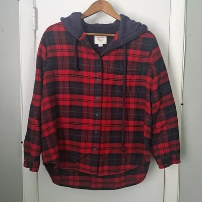 Sudadera con capucha para mujer American Eagle de gran tamaño de franela a cuadros roja/azul marino con botones de cabina mediana Foto 1 de 4