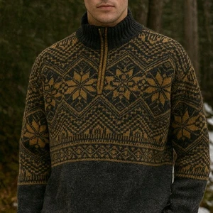 Obermeyer Wool Sweater Men’s M Ski Nordic 1/4 Zip Fair Isle Snowflake Lined - Picture 1 of 6