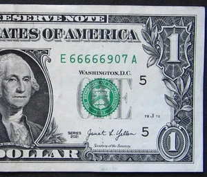 2021 $1 (ONE DOLLAR) - NOTE - FANCY SERIAL NUMBER - LEADING FIVE 6's IN A ROW - Picture 1 of 3