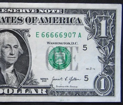 2021 $1 (ONE DOLLAR) - NOTE - FANCY SERIAL NUMBER - LEADING FIVE 6's IN A ROW - Image 1 of 3