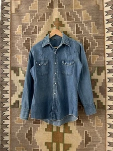 True Vintage 60s Sawtooth Faded Blue Denim Cowboy Western Pearl Snap Shirt 21x27 - Picture 1 of 5