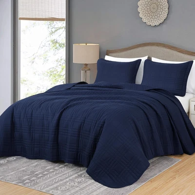 Kingston Queen Size Bedspread Set, 3-Piece Navy Oversized Quilted Microfiber Lig - Image 1 of 4