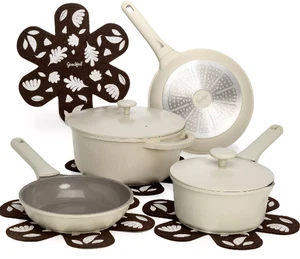 Goodful 10PC Cast Ceramic Set Fry Pan Dutch Oven 2QT 4.5QT Cream - Picture 1 of 5